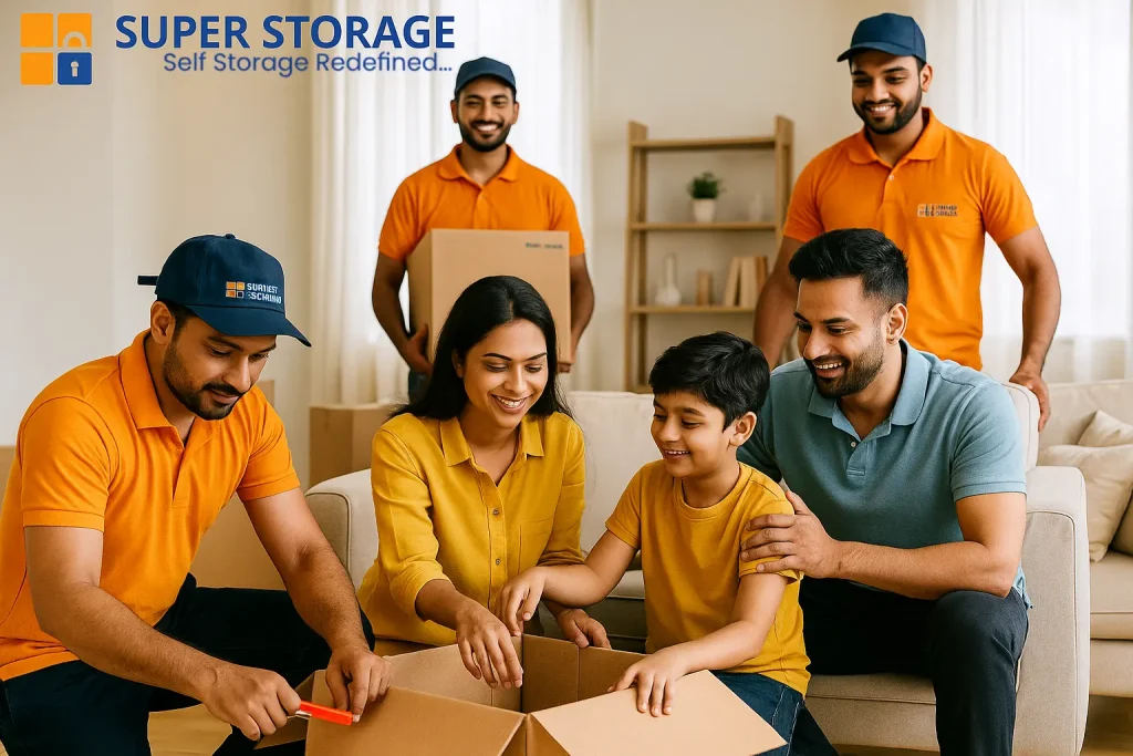 Indian family unpacking boxes with help from SuperStorage workers in a bright Bangalore home, representing organized, safe, and family-friendly storage services in bangalore.