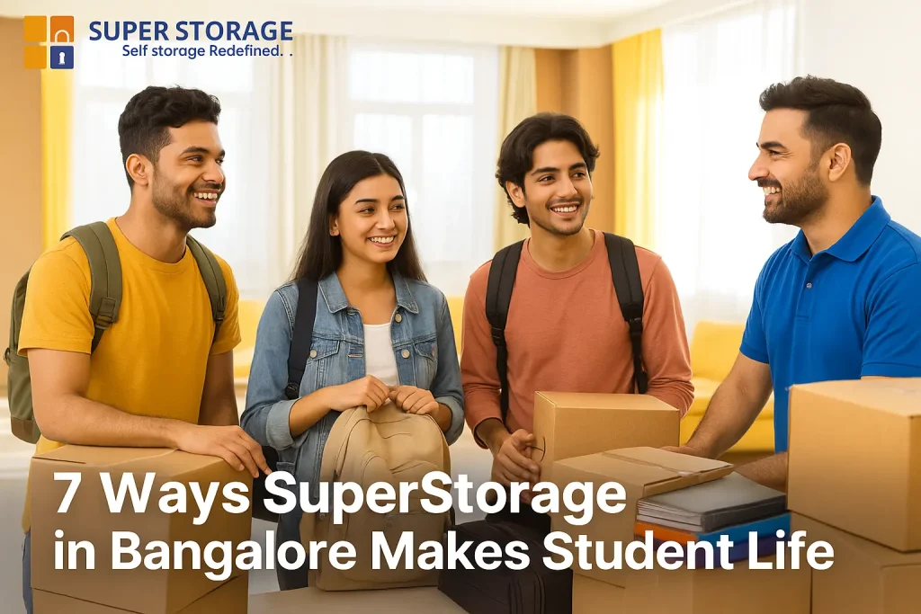 Indian college students interacting with a SuperStorage team member in Bangalore, showing how storage services simplify student life with organized solutions.