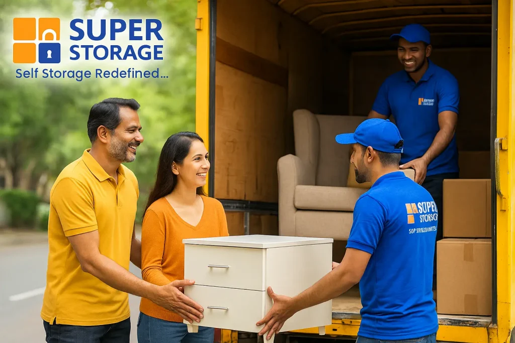 SuperStorage workers assisting a Bangalore couple in loading furniture into a moving truck, representing secure and professional storage space for rent Bangalore