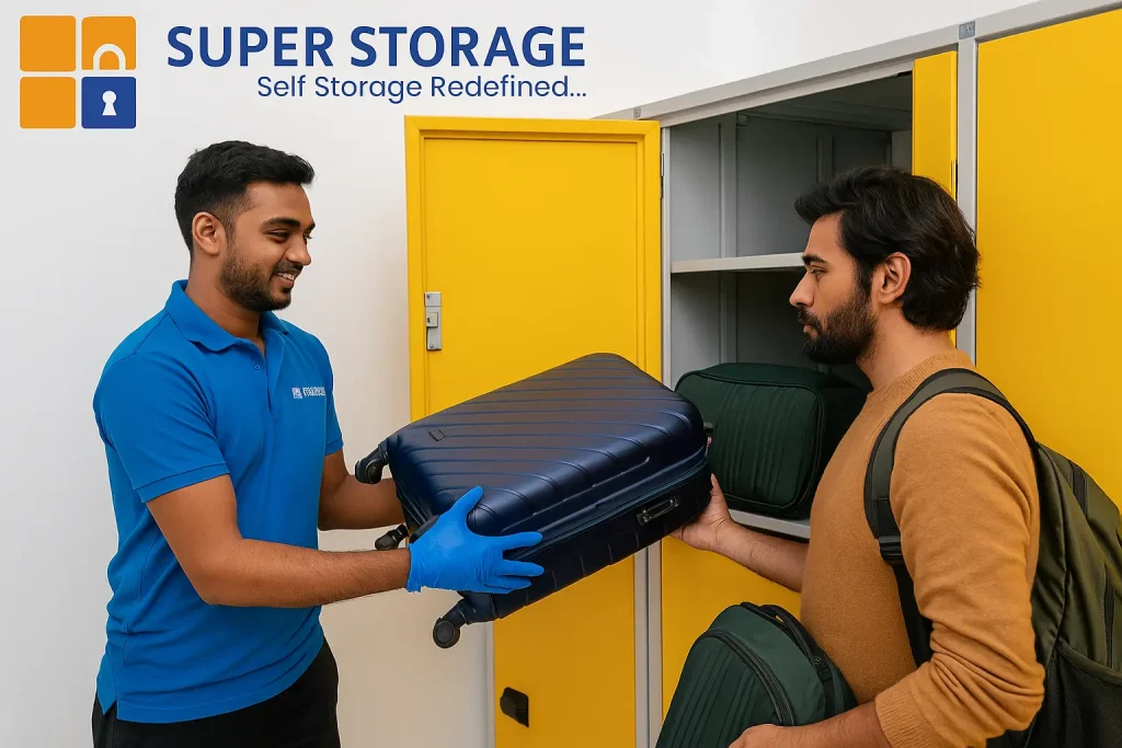 SuperStorage worker assisting a customer in placing luggage inside a secure locker room near me in Bangalore, showing safe and convenient storage services.