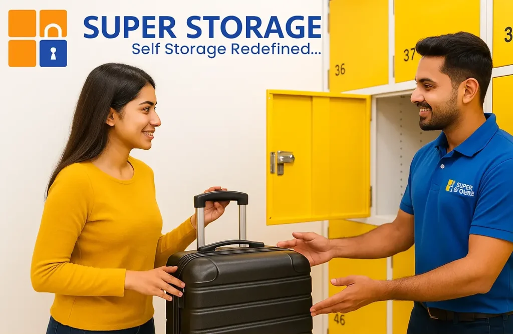 SuperStorage worker helping a young man store luggage in a secure bag locker near me facility in Bangalore, with the SuperStorage logo visible on the top-left.