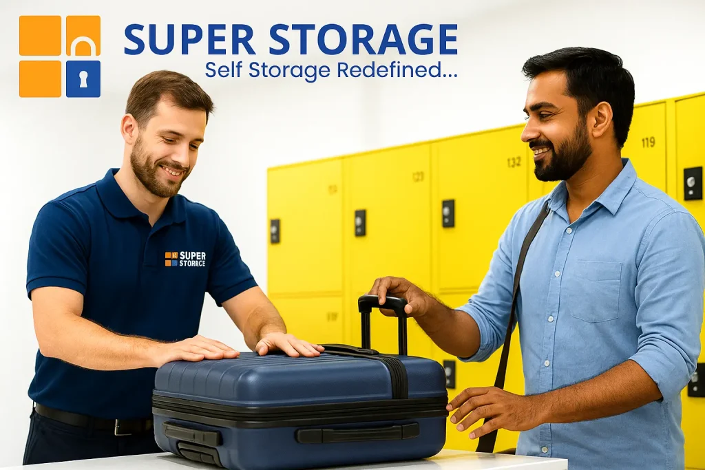 SuperStorage staff assisting a customer with luggage inside a secure locker facility in Bangalore, with the SuperStorage logo displayed on the top-left.