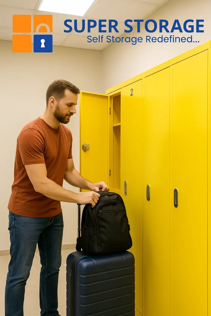 SuperStorage staff assisting a customer inside a modern locker room in Bangalore, with luggage being stored safely and the SuperStorage logo visible on the top-left