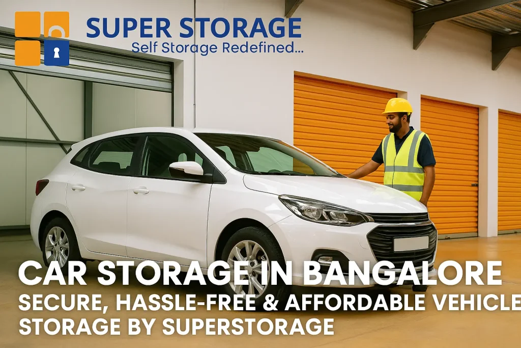 SuperStorage worker assisting a customer in a secure indoor car storage facility in Bangalore, with a parked SUV and the SuperStorage logo visible on the top-left.
