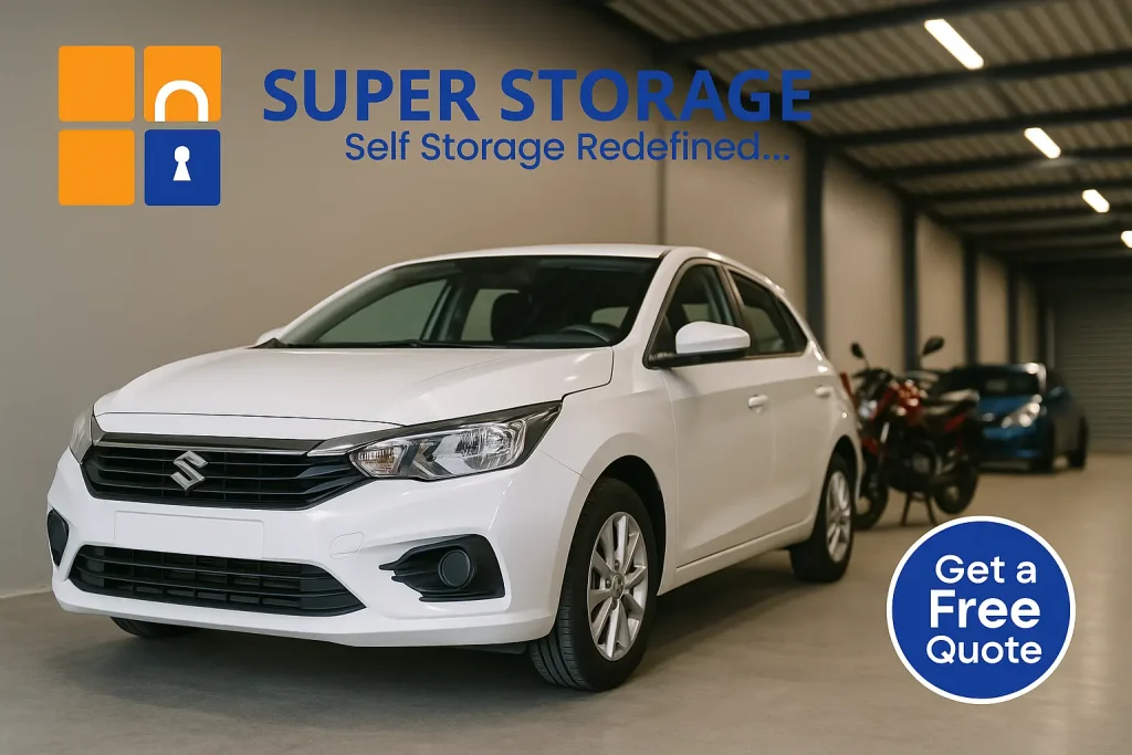 SuperStorage worker guiding a customer’s car inside a secure automobile storage facility in Bangalore, with the SuperStorage logo displayed at the top-left.