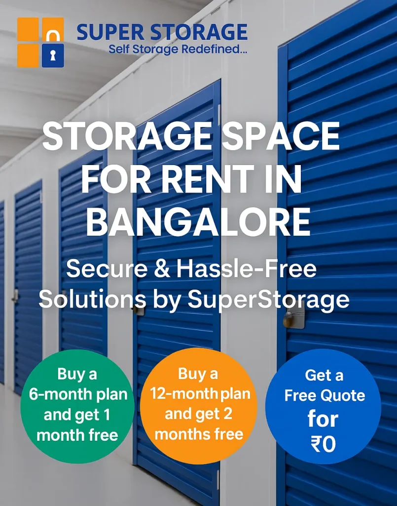 SuperStorage staff assisting a customer with boxes inside a secure storage facility in Bangalore, with the SuperStorage logo displayed at the top-left.