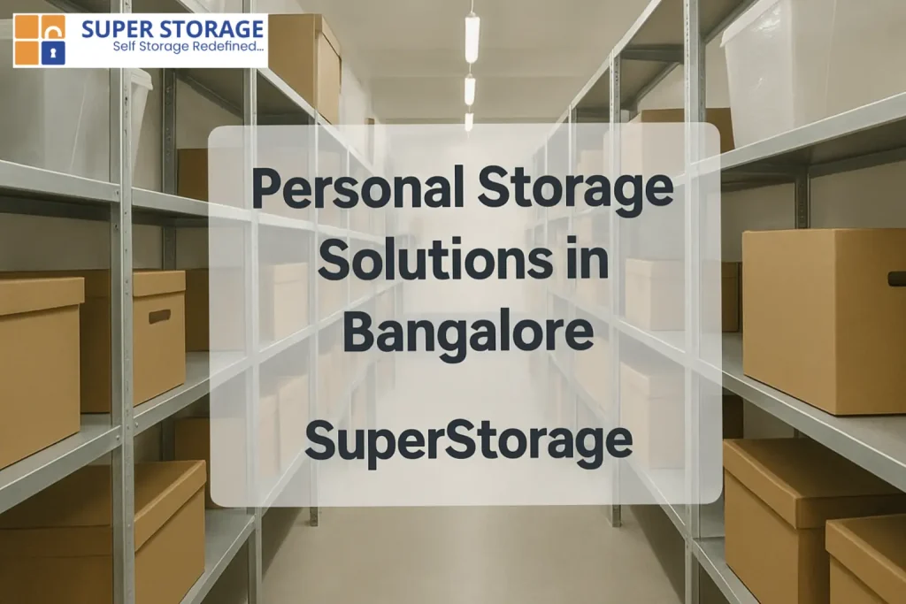 Secure personal storage solutions in Bangalore by SuperStorage with organized storage racks and spacious layoRealistic storage facility with organized shelves and labeled boxes representing personal storage solutions in Bangaloreut