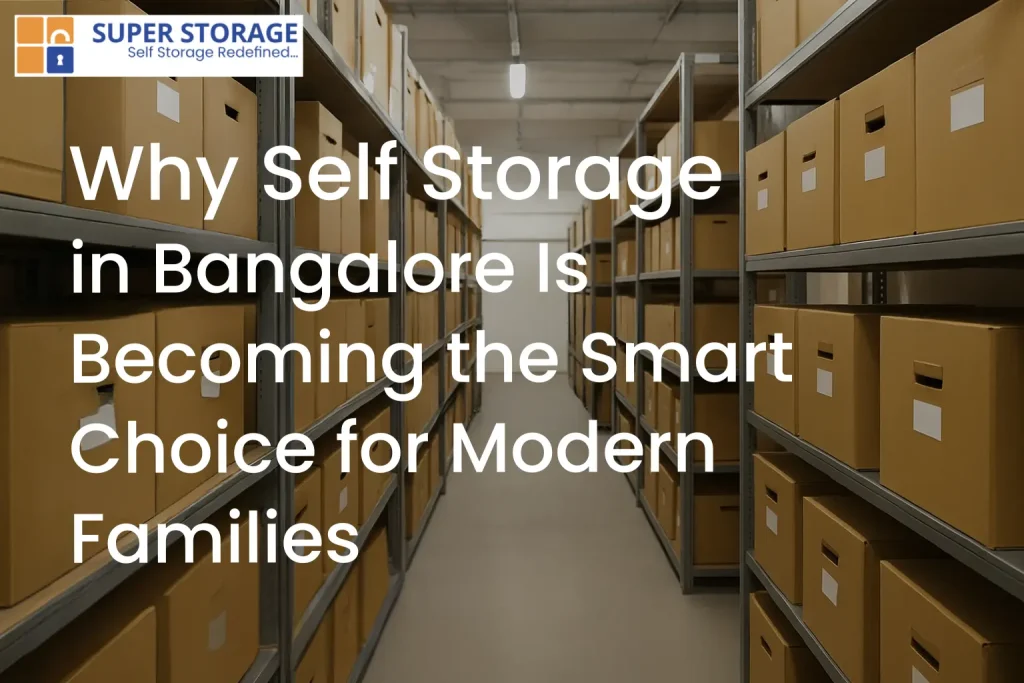 Organized self-storage facility with rows of shelves and labeled cardboard boxes, representing secure and spacious storage solutions in Bangalore