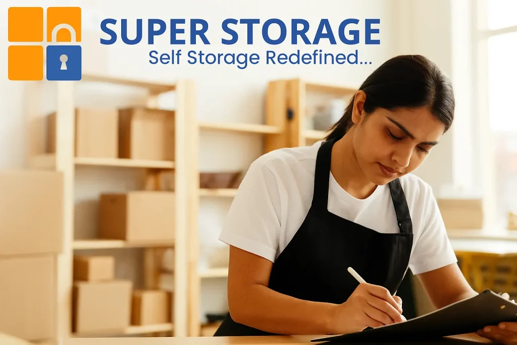 Professional movers organizing boxes in a modern storage warehouse with the SuperStorage logo on the top left, representing short-term storage services in Bangalore