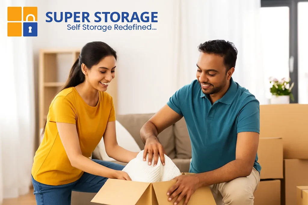 Indian couple organizing boxes in their new home with the SuperStorage logo on top left, representing long-term storage solutions in Bangalore.