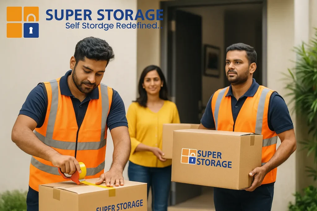 SuperStorage workers professionally packing and picking up boxes at a Bangalore home during relocation, representing trusted storage and moving services.