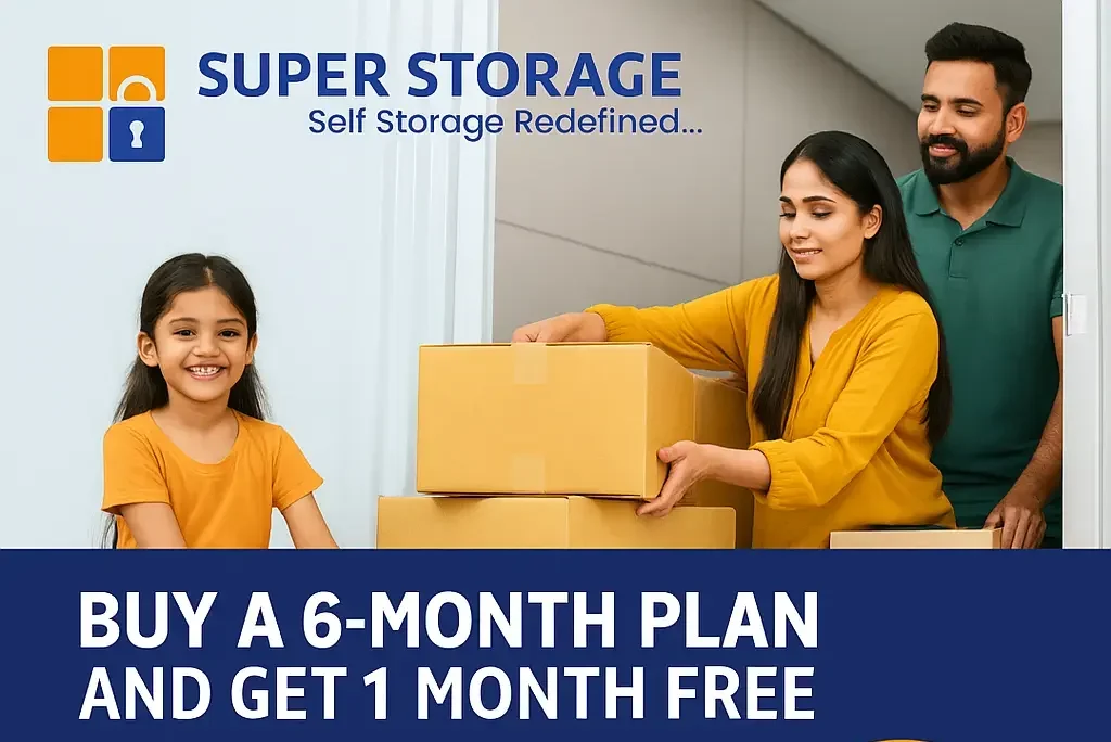 Secure storage for rent near me in Bangalore, with a happy family using SuperStorage for household items and luggage packing, with doorstep pickup.