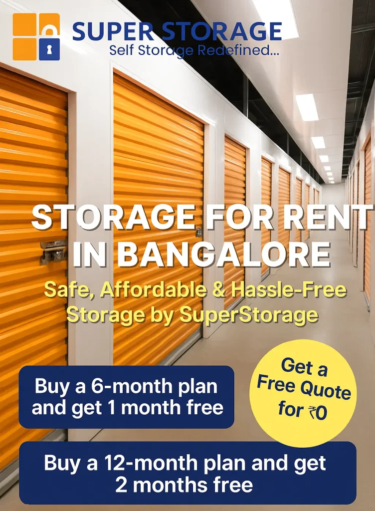 SuperStorage facility hallway with orange storage for rent in Bangalore featuring promotional offers such as 6-month and 12-month free month plans and a free quote for ₹0.