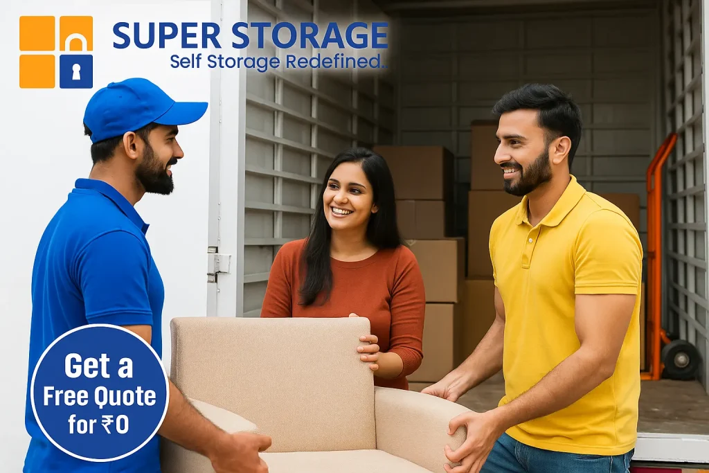 SuperStorage team helping customers store household items safely inside a secure goods storage facility in Bangalore with a branded truck and packaging boxes.