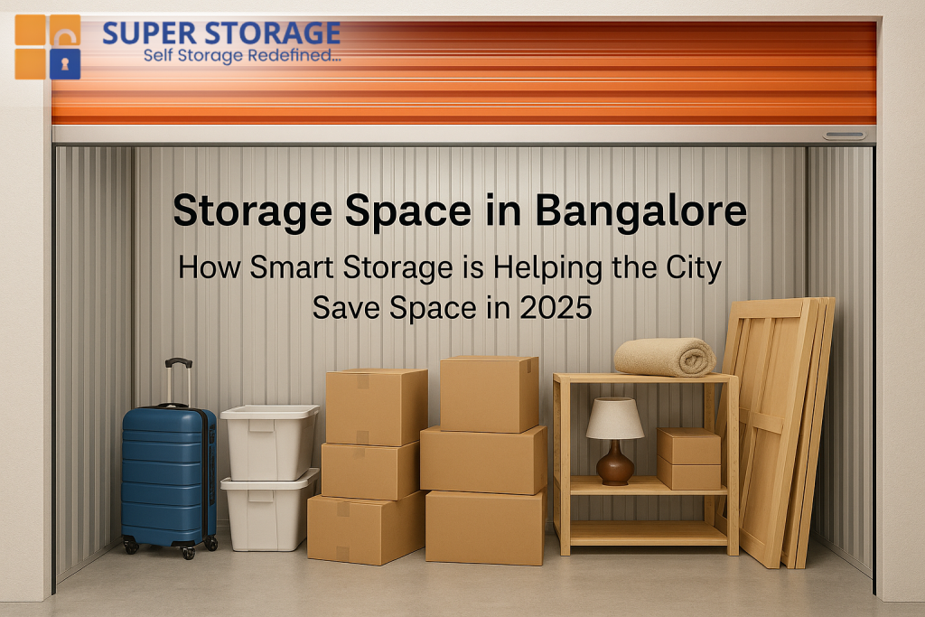 Storage space in Bangalore inside a secure storage unit with luggage, cartons, and home items neatly arranged – SuperStorage branding
