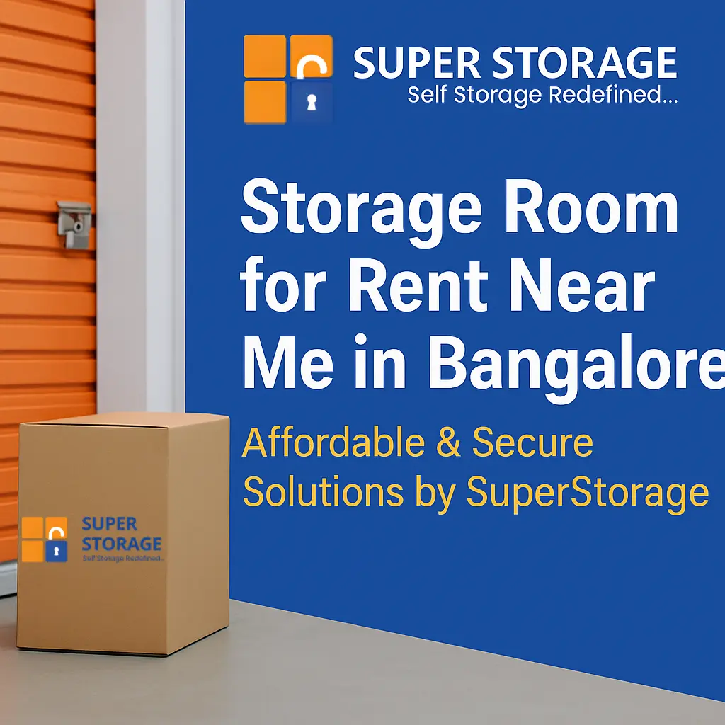 Storage room for rent near me in Bangalore with SuperStorage branding, showcasing a secure storage unit with boxes placed inside.