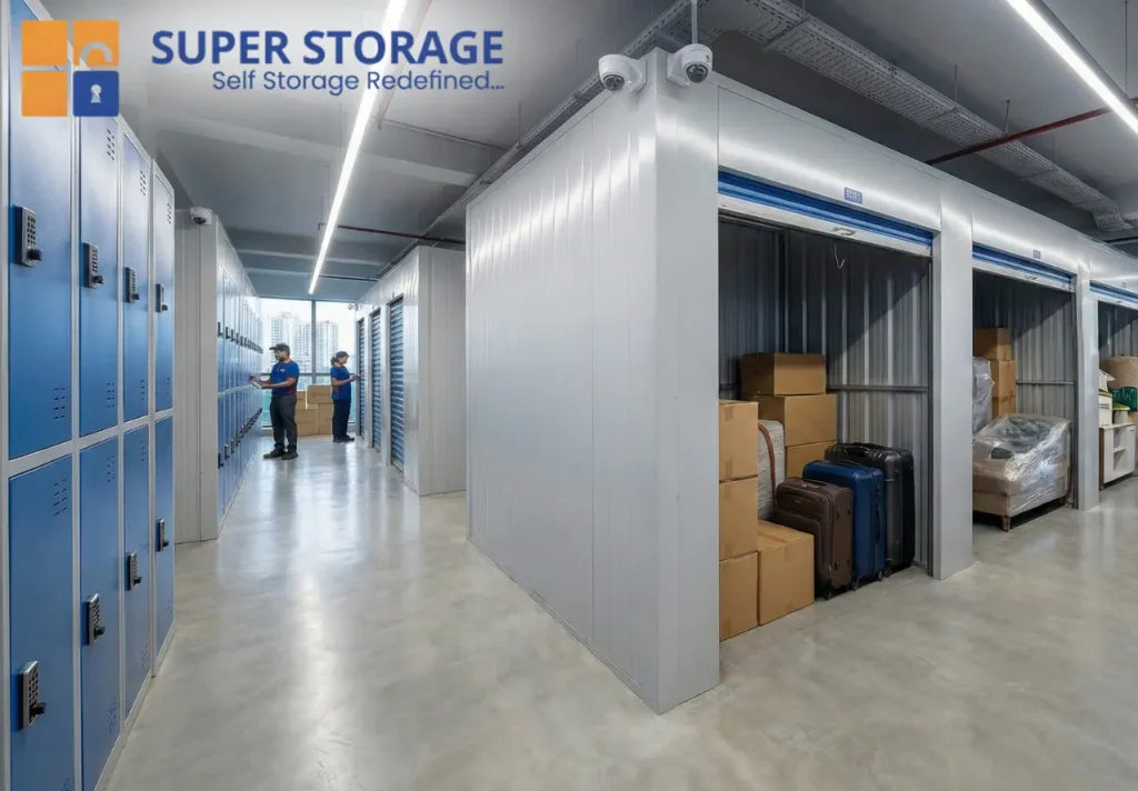 Luggage storage in Bangalore inside a secure SuperStorage facility with neatly arranged suitcases and bags