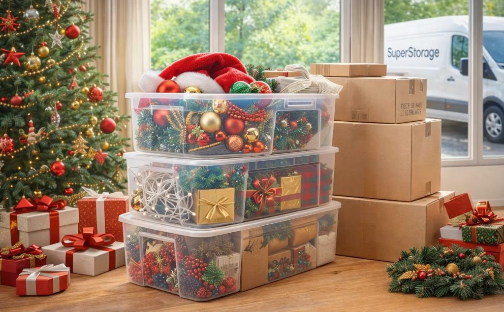 Year-end storage offers in Bangalore showing Christmas decorations and household items stored safely with SuperStorage.