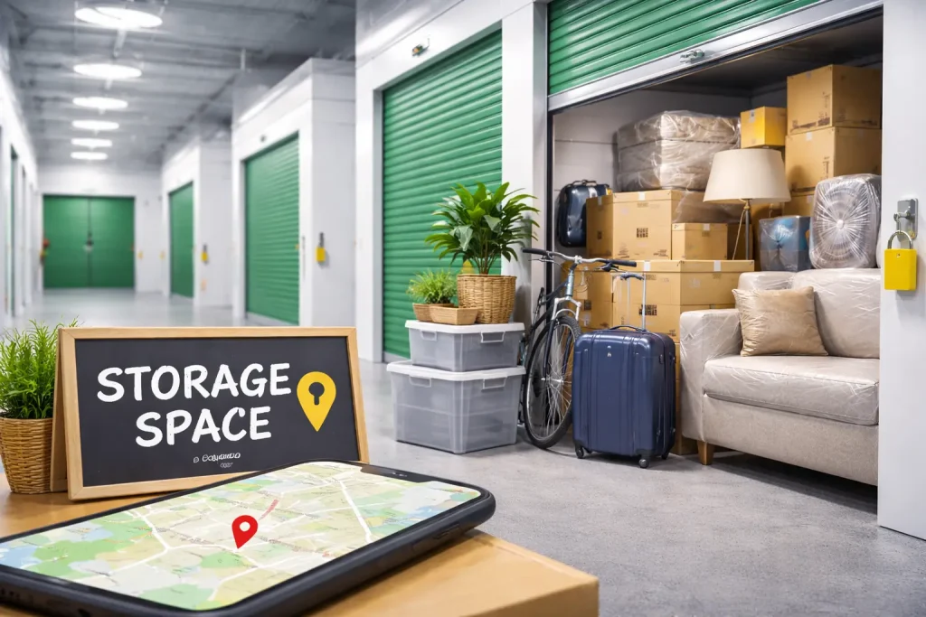 Storage space near me in Bangalore showing a clean and secure self storage facility with household items, furniture and luggage neatly stored.