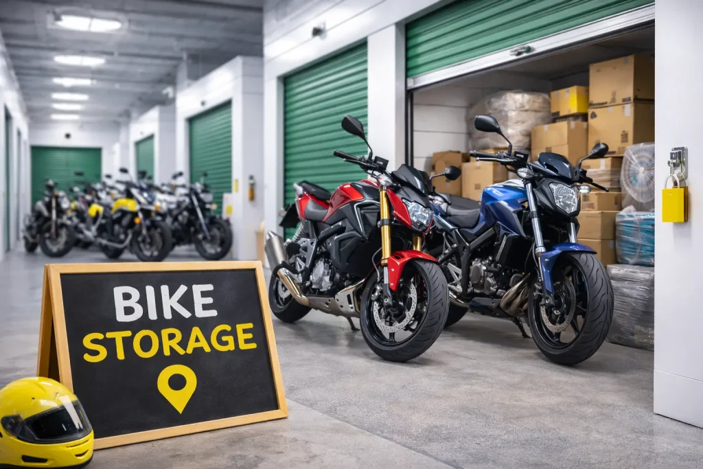 Bike storage in Bangalore showing secure indoor parking with motorcycles stored safely in a clean and monitored storage facility.