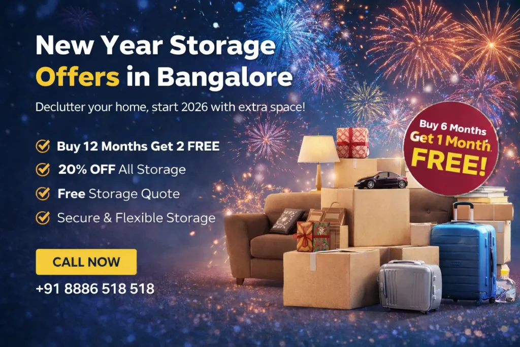 New year storage offers in Bangalore showing packed household items, furniture and luggage with festive fireworks background.