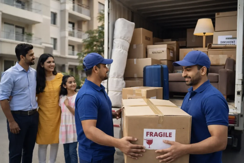 Professional packers and movers safely loading household boxes into a moving truck while an Indian family watches during home relocation.