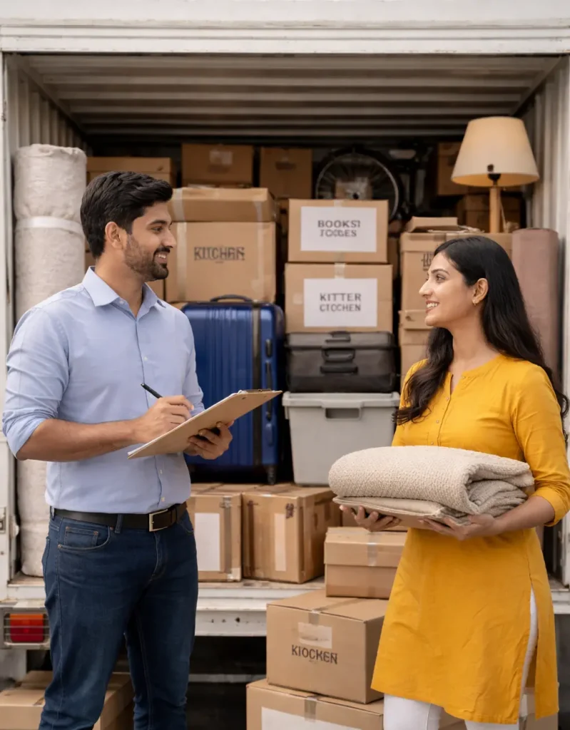 People storing household goods safely inside a clean and secure storage facility in Bangalore with packed boxes and personal belongings.