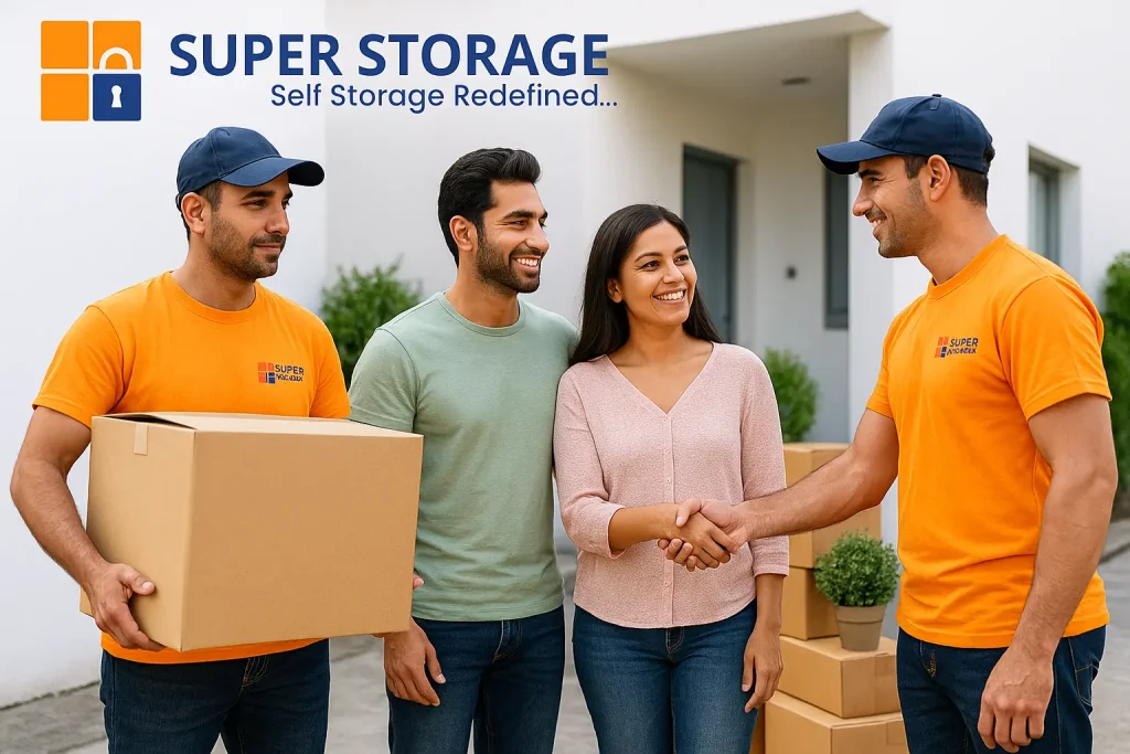 SuperStorage workers assisting a couple while loading household items into a truck outside a warehouse, promoting the best storage unit in Bangalore.