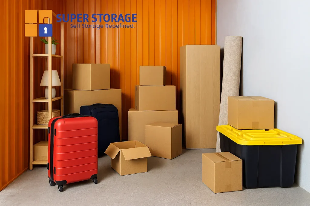 Storage units near me in Bangalore with secure self storage space and cardboard boxes organized inside a bright SuperStorage facility
