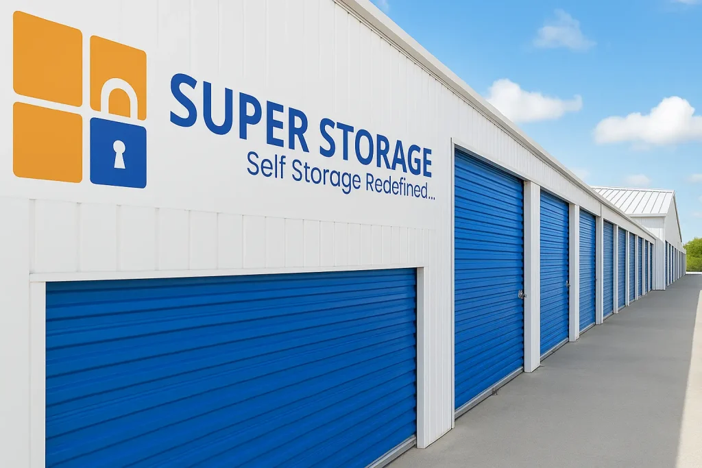 Storage locker in Bangalore with secure and clean storage units by SuperStorage facility in Bangalore with blue storage unit doors and the SuperStorage logo displayed on the building exterior.