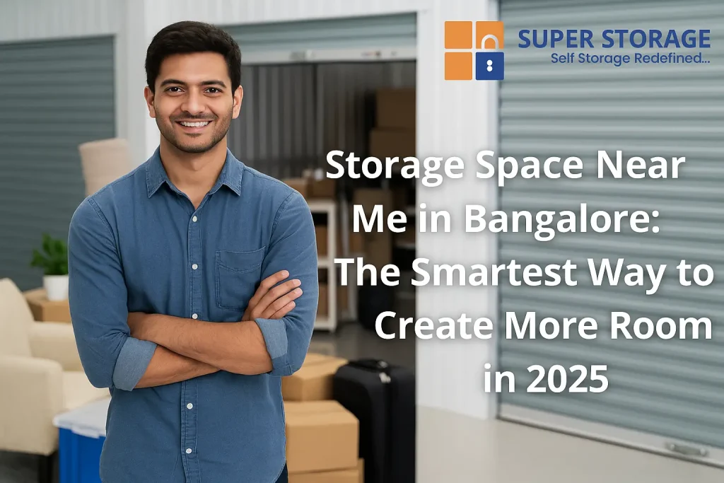 Storage space near me in Bangalore inside a secure SuperStorage facility with clean storage units and the SuperStorage logo displayed on top left.