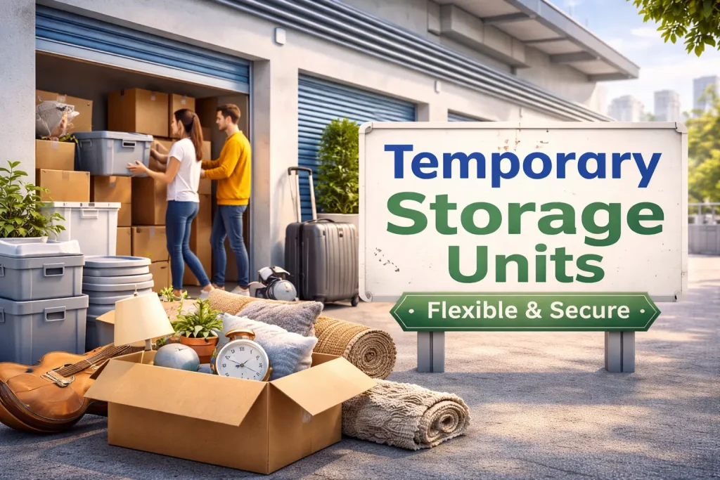 People organizing boxes inside a temporary self storage unit for short term storage needs