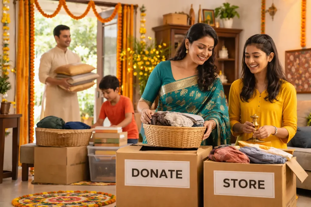 Indian family decluttering their Bangalore home before Pongal and Sankranti celebrations