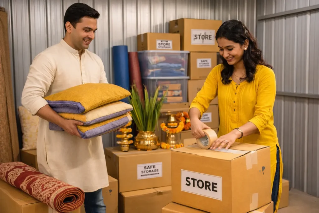 Couple storing extra household items in Bangalore before Pongal holidays