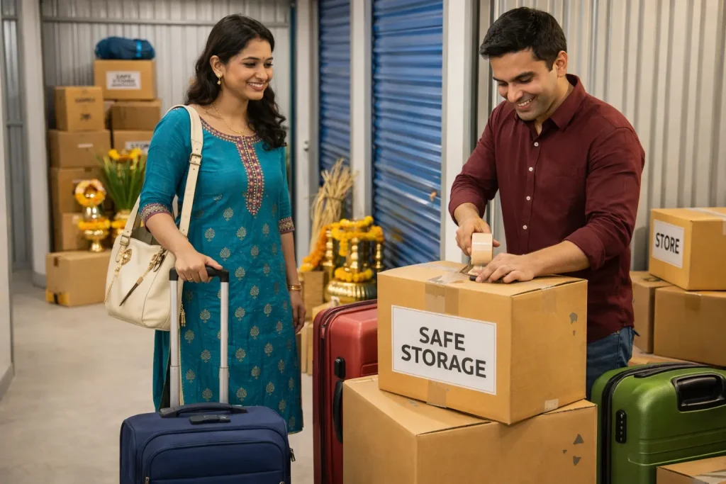 Couple storing household belongings safely in Bangalore before Sankranti travel