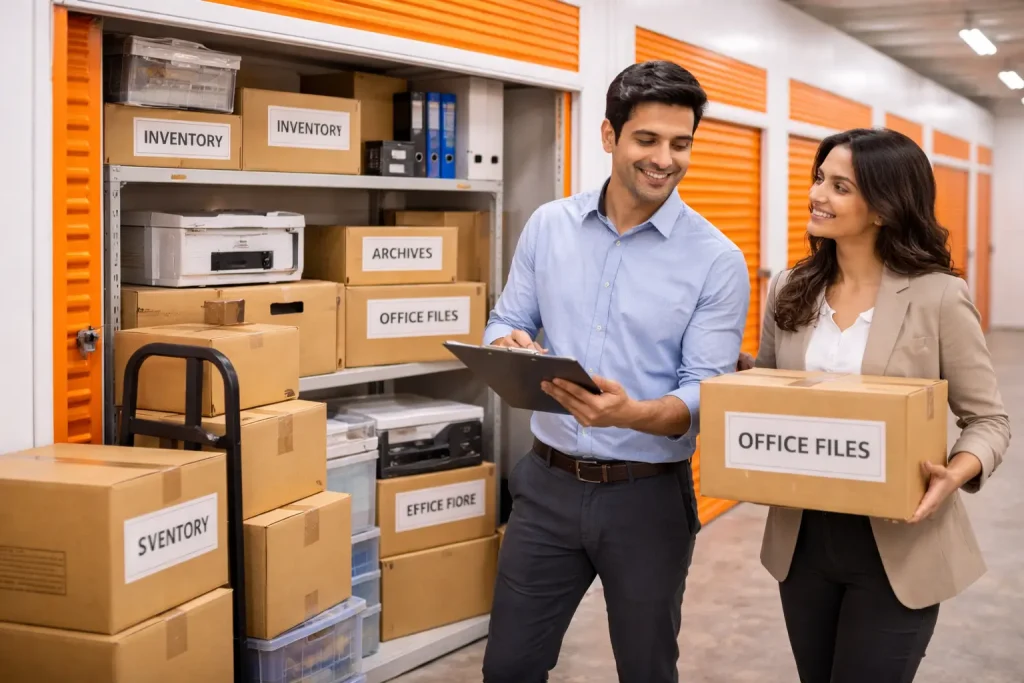 Professionals organizing business inventory in a storage unit facility in Bangalore