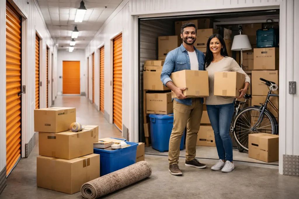 South Asian couple using a secure storage unit facility to store household items safely