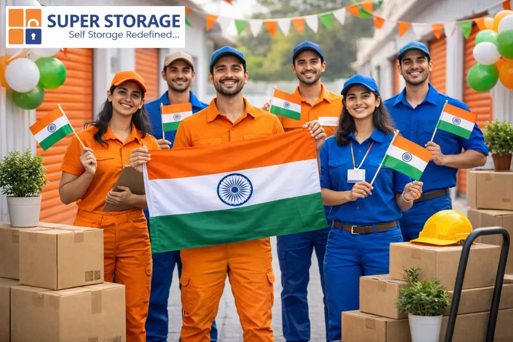 SuperStorage team celebrating Republic Day 2026 in blue and orange uniforms at a self storage facility