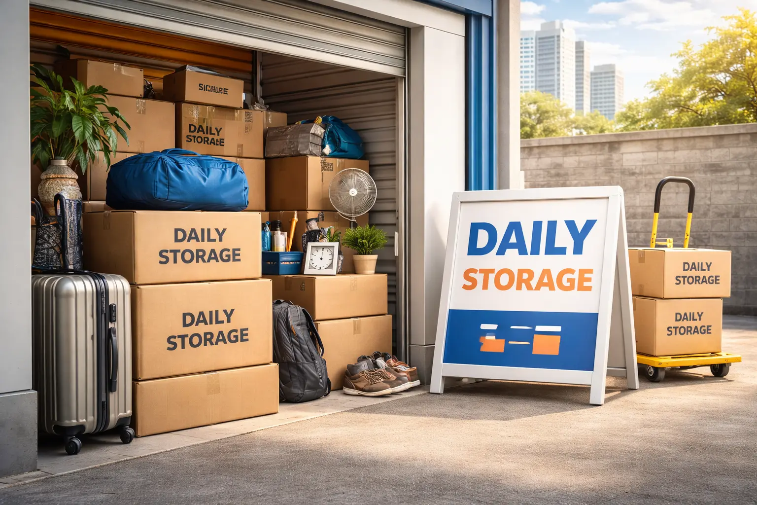 Daily storage units with neatly arranged boxes and luggage in a secure self storage facility