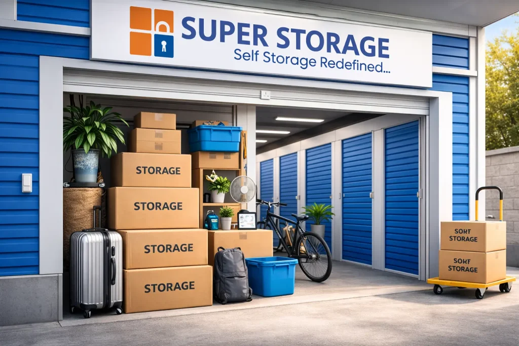 SuperStorage self storage facility with secure storage units and organized household items