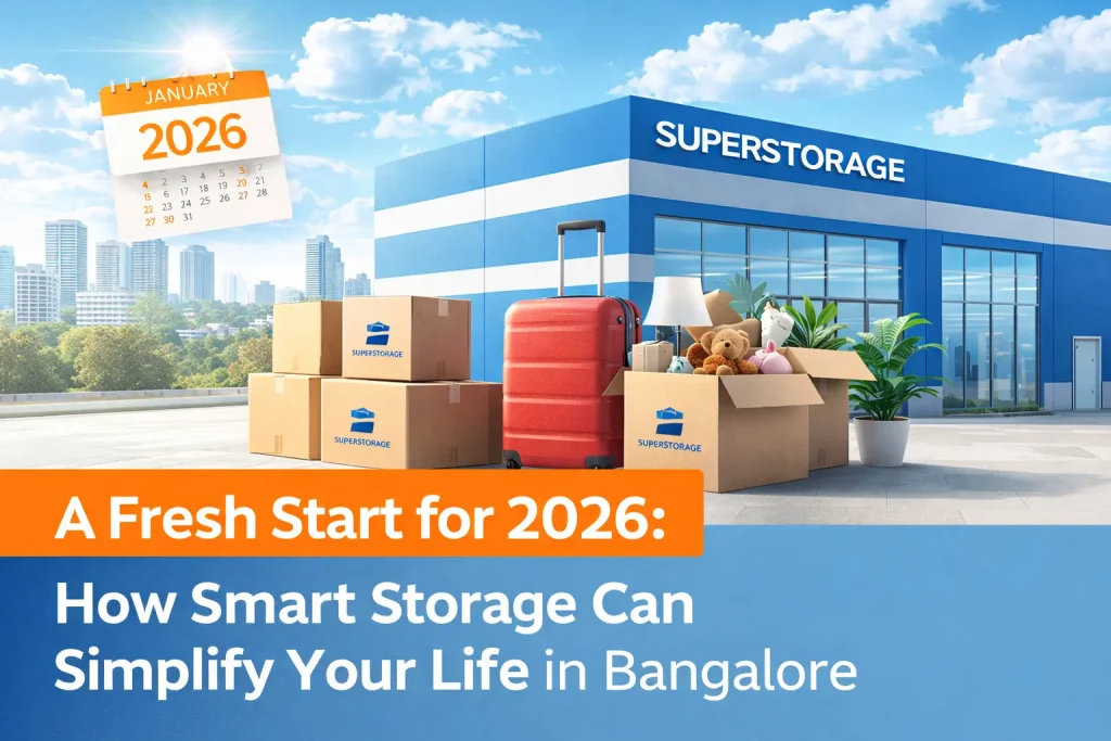 Smart storage facility in Bangalore with packed boxes and luggage symbolizing a fresh and clutter-free start for 2026.