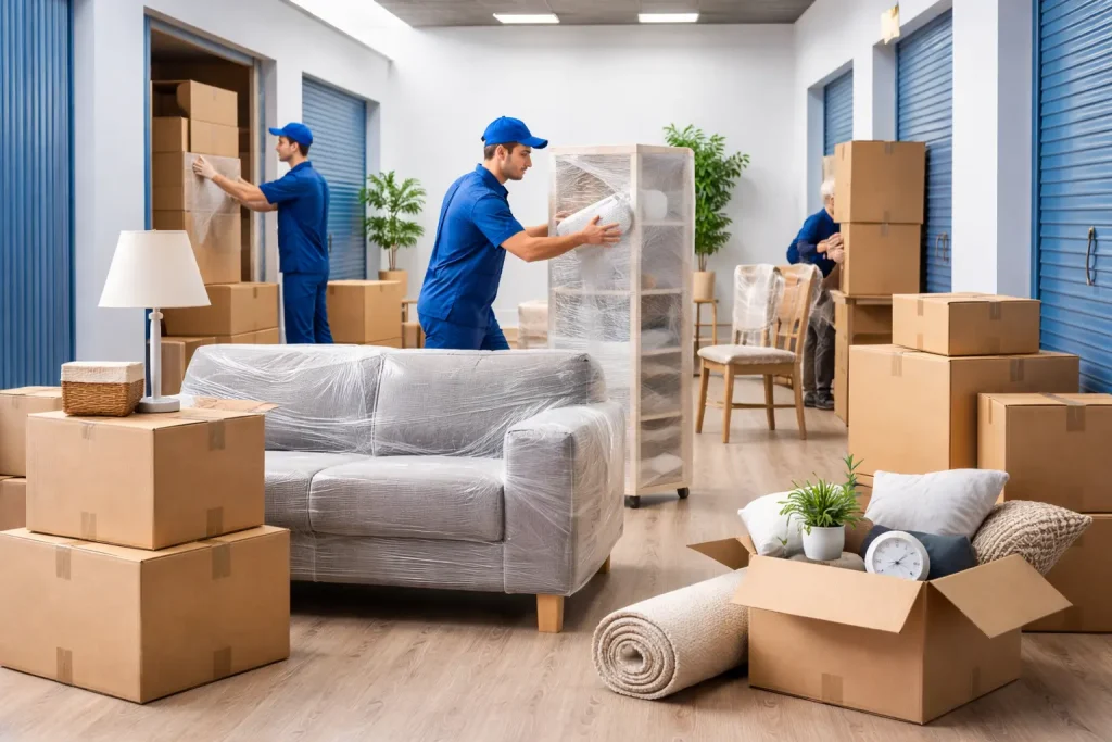 Professional movers carefully packing furniture for secure storage in Bangalore