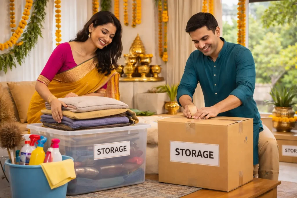 Couple organizing household items during festive cleaning before Pongal in Bangalore