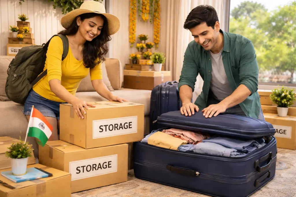Couple preparing for Republic Day long weekend travel in Bangalore using smart storage