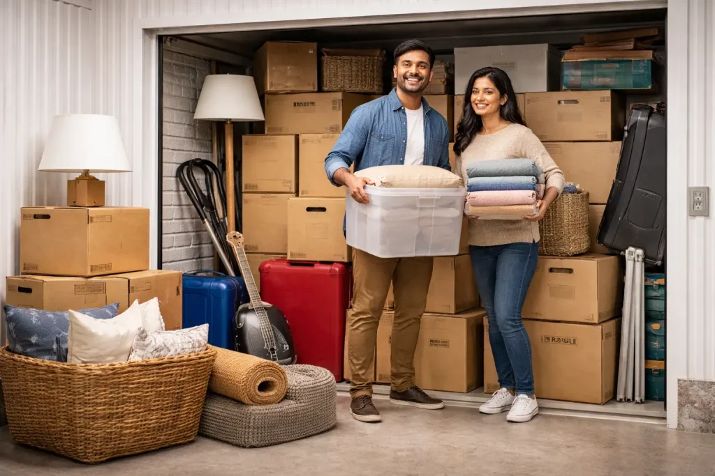 South Asian couple using temporary storage of household goods in a secure storage unit