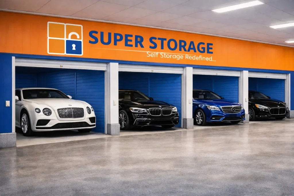 Luxury cars parked inside secure indoor car storage units for rent at SuperStorage