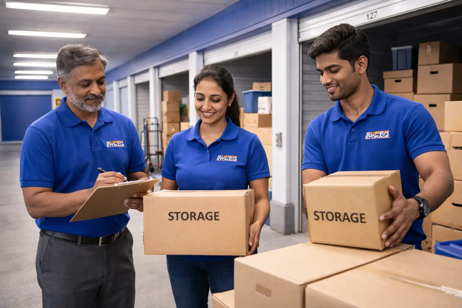 SuperStorage workers handling boxes inside a nearby self storage facility