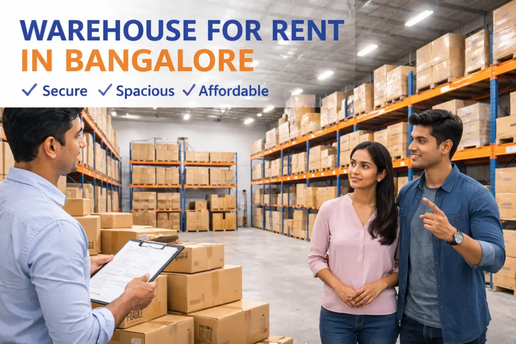 Customers inspecting a warehouse for rent in Bangalore with organized storage racks
