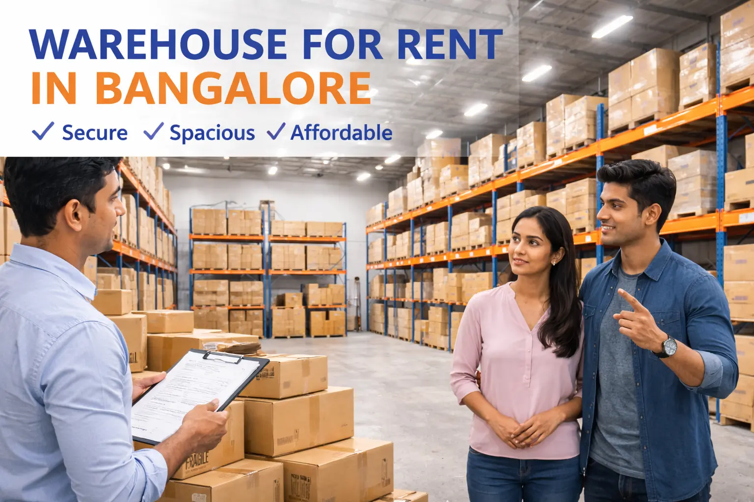Customers inspecting a warehouse for rent in Bangalore with organized storage racks
