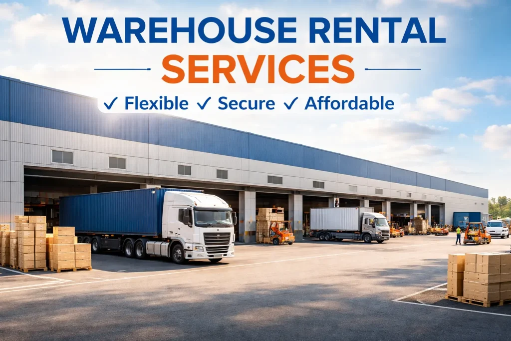 Exterior view of a modern warehouse offering rental services for secure storage